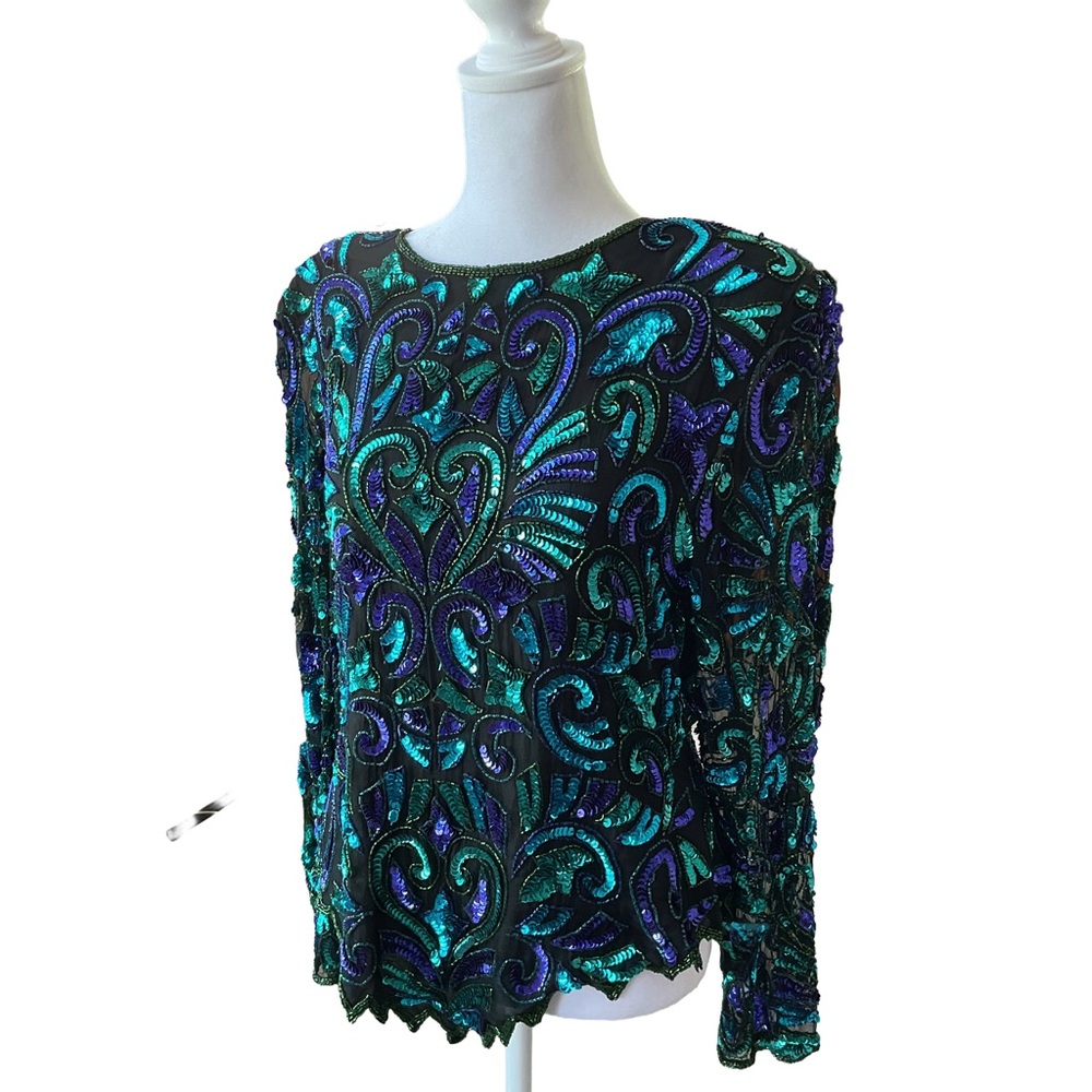 Laurence Kazar Teal & Purple “Peacock” Sequin Embellished Long-Sleeve Top